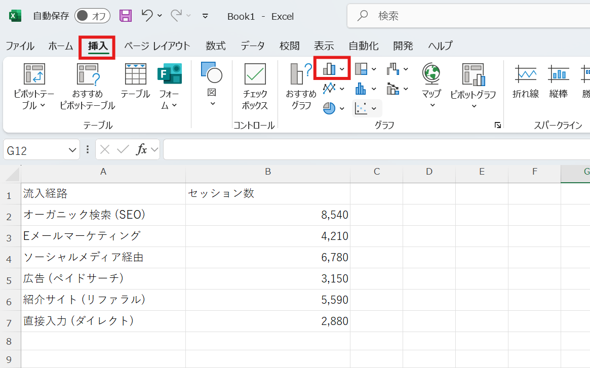 挿入タブからグラフを選択